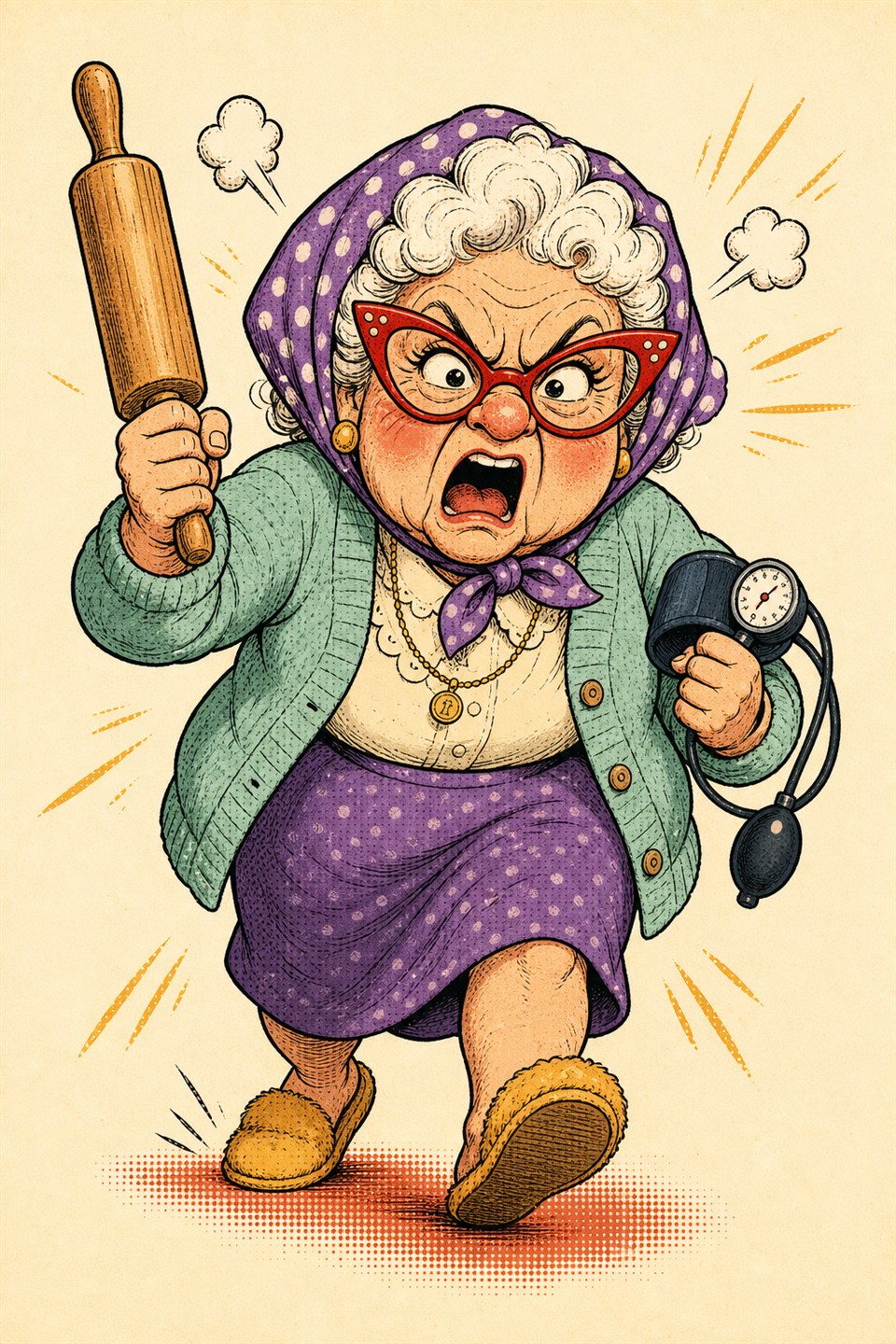 GrandNy charging forward with a rolling pin and blood pressure cuff